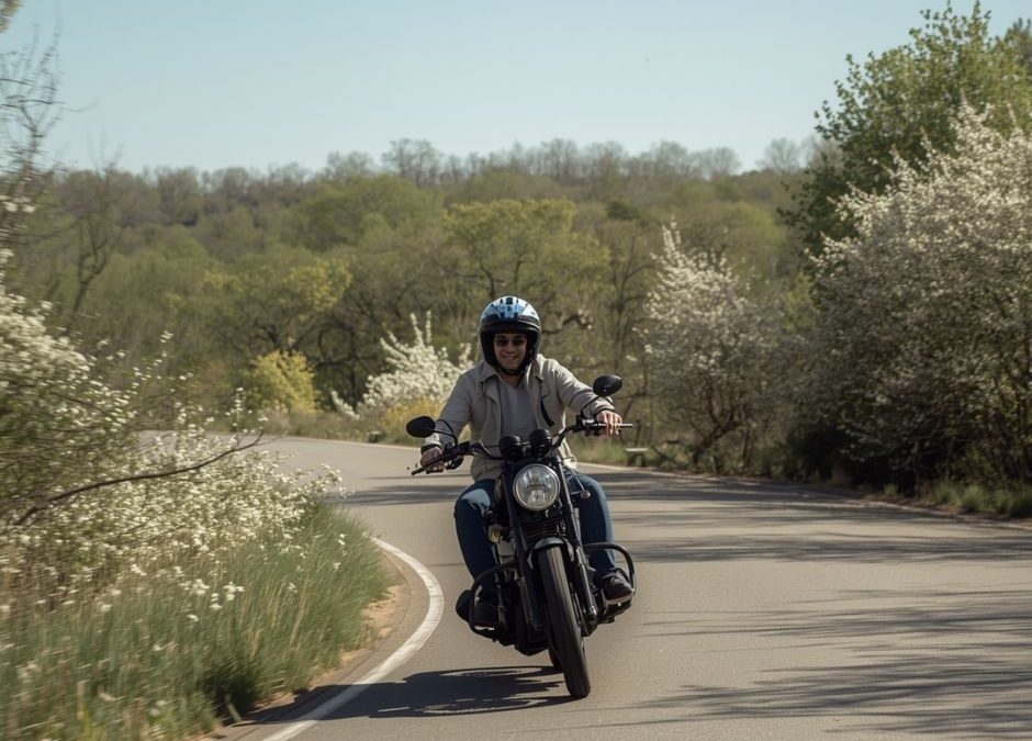 A person rides a motorcycle on a winding road flanked by blossoming trees and greenery - https://southerninsura.wpenginepowered.com