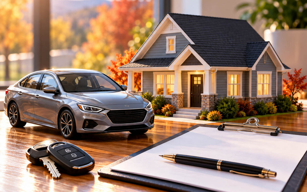Model home, silver car, keys and insurance paperwork on desk for home and auto insurance checkup